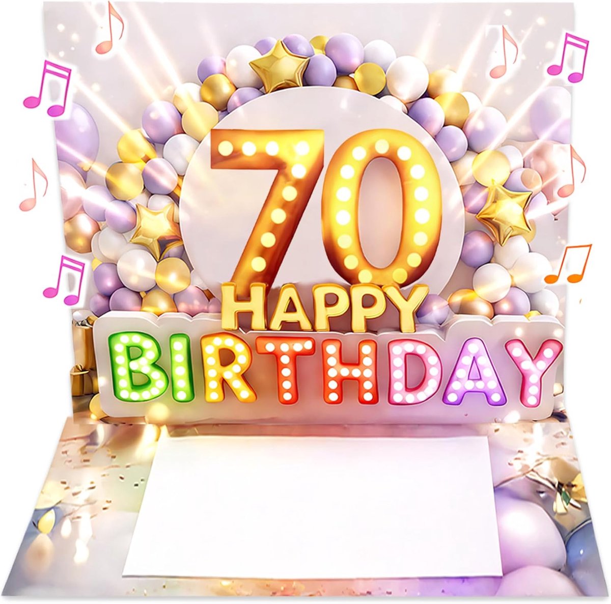 Verjaardagskaart 70 met muziek en licht - 3D pop up verjaardagskaart 70 vrouw met lichteffect, envelop en zegelsticker - 20 × 15 cm | vakken voor bankbiljetten, verguld, bijpassende envelop, gouden zegelsticker, ruimte voor persoonlijk bericht