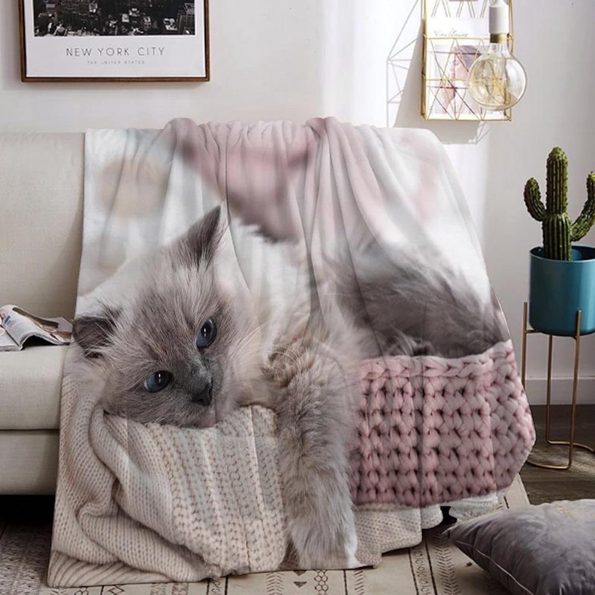 Knuffeldeken met kattenmotief 150x200cm, Sofadeken met dierenmotief, Zachte warme fleecedeken voor volwassenen, Warme dekens voor herfst winter (A, 150 x 200 cm)