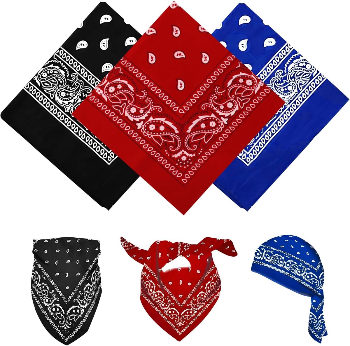 3-delige bandana, multifunctionele haarsjaal met paisleyprint, unisex hoofddoeken, bandana's, hoofdbanden voor dames en heren, cowboyaccessoires