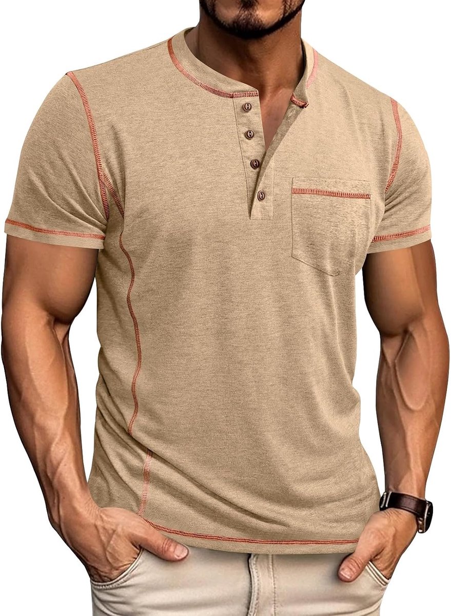 T-shirts heren Henley shirt korte mouwen V-hals zomer sport met zak knoopsluiting slim fit hemd M-3XL