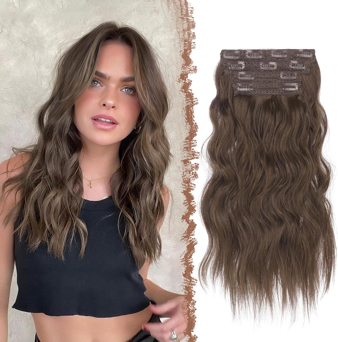 Clip-in Golvende Extensions Synthetische Haarstukjes voor Vrouwen | 4 Stuks 40 cm Lange hittebestendig Haarextensions voor Dagelijks Gebruik en Feestje, Kastanjebruin