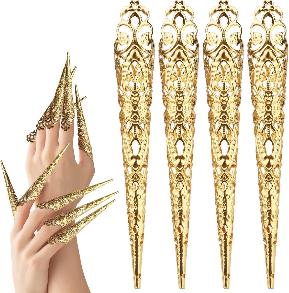 10 stuks vingernageltip klauwringen, antieke koningin kostuum vingernagel nagelringen set, knokkelbeschermers vingertop klauw voor Halloween cosplay drama buikdans show - goudkleurig
