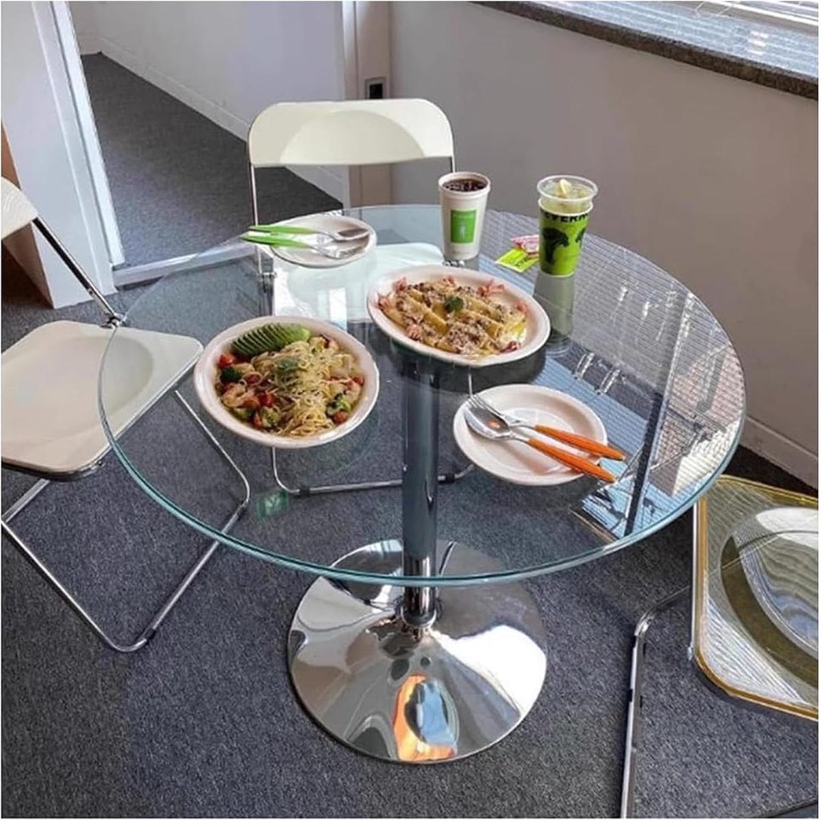 Sokkeltafel Met Rond Glazen Blad, Glazen Keukeneettafel, 60/70/80 Cm, Modern, Rond, 2-4 Zitplaatsen, Ontbijtbistrotafel, Verchroomd Onderstel(Size:60cm)