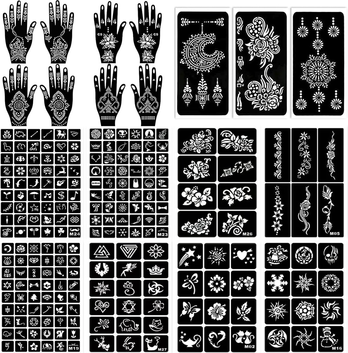 19 vellen henna-tattoosjablonenset, henna-sjablonen, herbruikbare glitter, tijdelijke tattoosjablonen voor vrouwen, meisjes, tieners