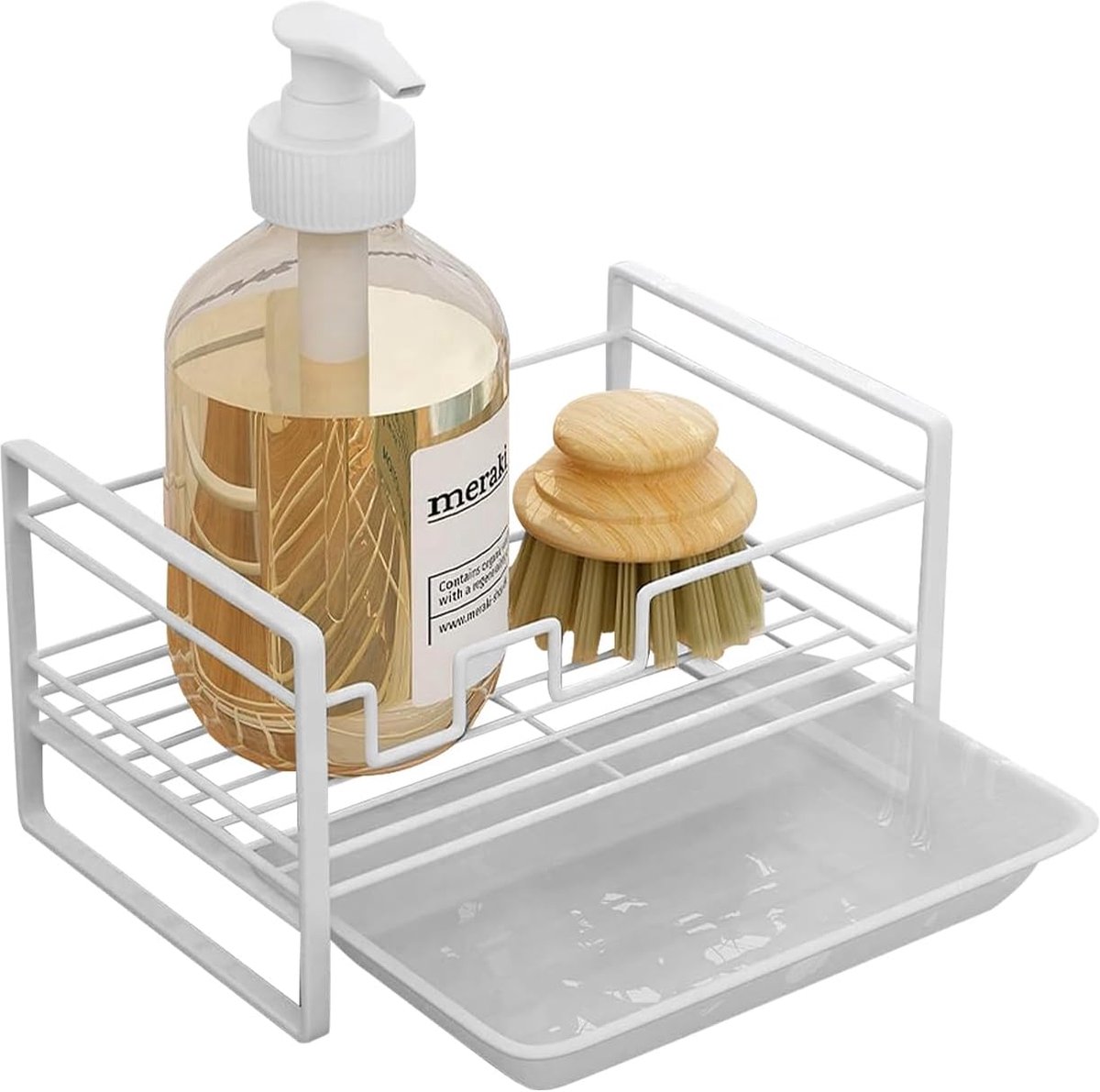 SnelShoppen - Spongehouder, Afwasorganizer met Afneembare Draintray, 18 x 12 x 10 cm, Kleine Witte IJzeren Keuken, Werkblad, Afwasrek, Washok, Opbergr