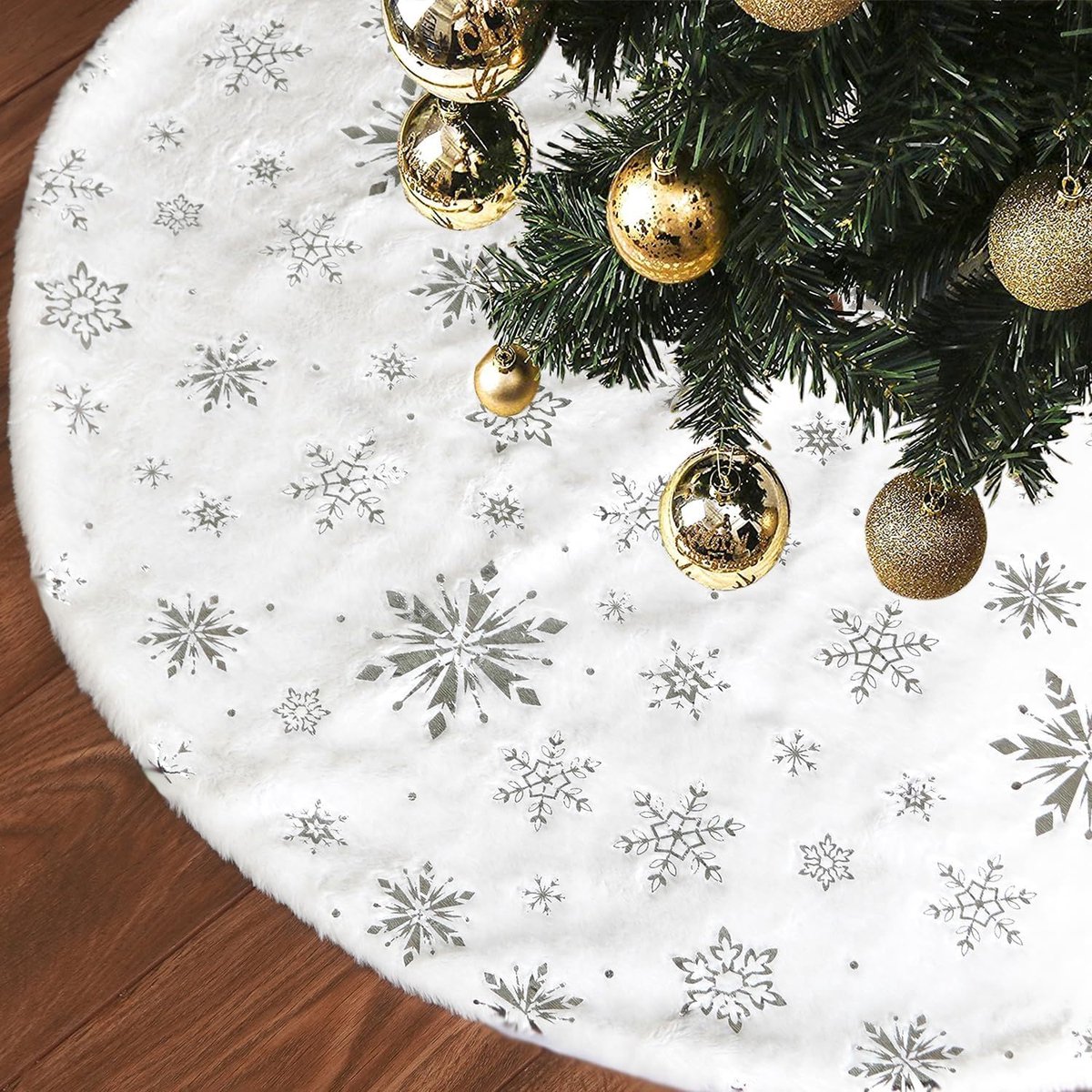 Kerstboomdeken, groot kunstbont, sneeuwvlokken, kerstboomtapijt, rond, kerstboomdeken, 90 cm, kerstboomdeken, onderlegger voor kerstdecoratie, vakantie, feest, bruiloft, decoratie