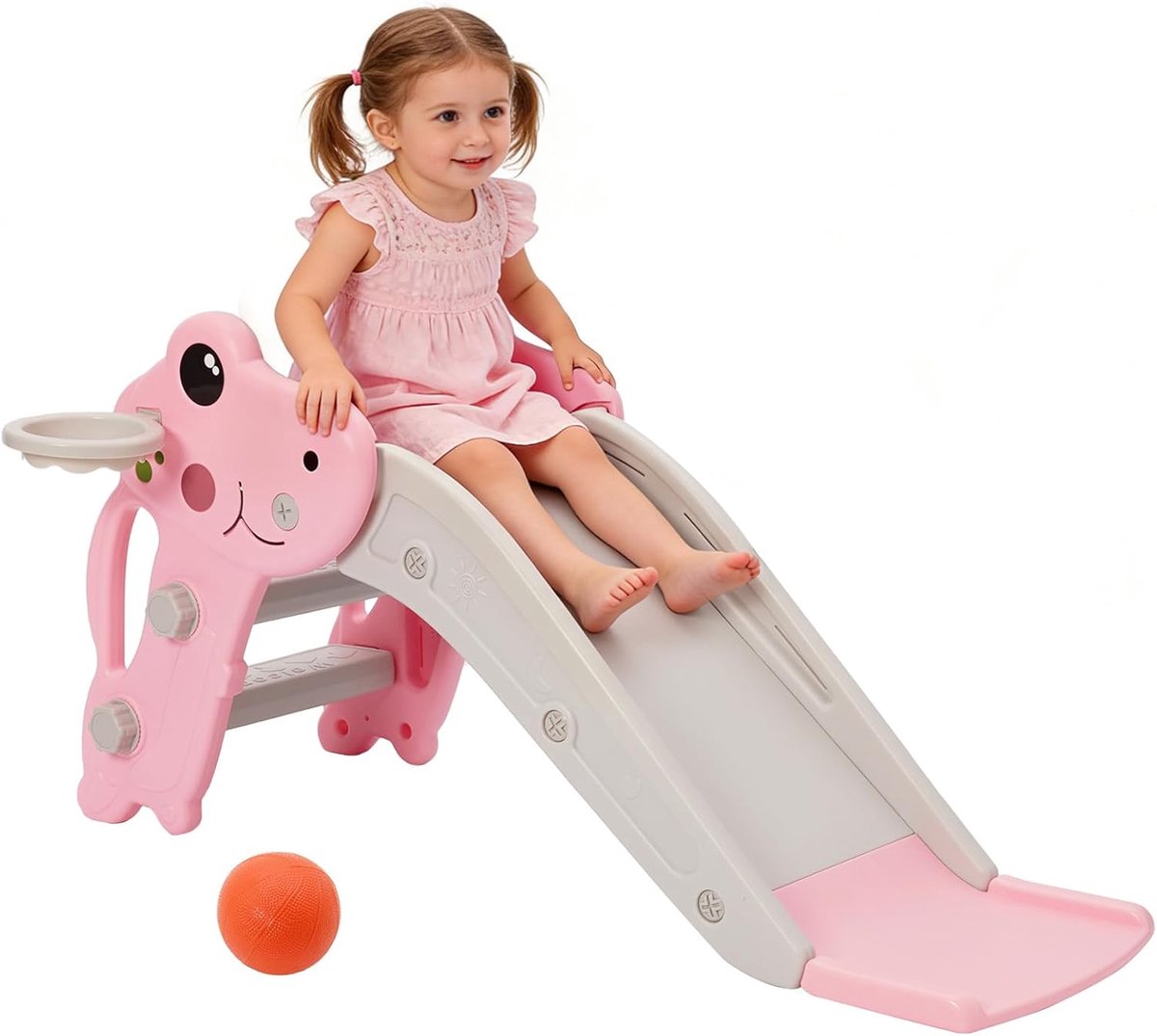 Glijbaan voor binnen en buiten, voor kinderen met basketbalkorf en bal, antislip trappen, eenvoudige montage en opvouwbaar, kinderglijbaan vanaf 3 jaar