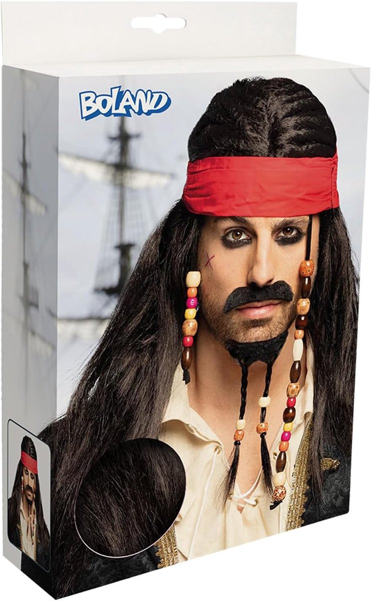 86343 - Pruik Piraat Tobias met bandana, baard, snor en kralen, kunsthaar, kapsel, bandiet, rover, kapitein, accessoire, themafeest, carnaval | Kunsthaar kapsel met baard voor piratenkostuums, carnaval, Halloween en themafeesten
