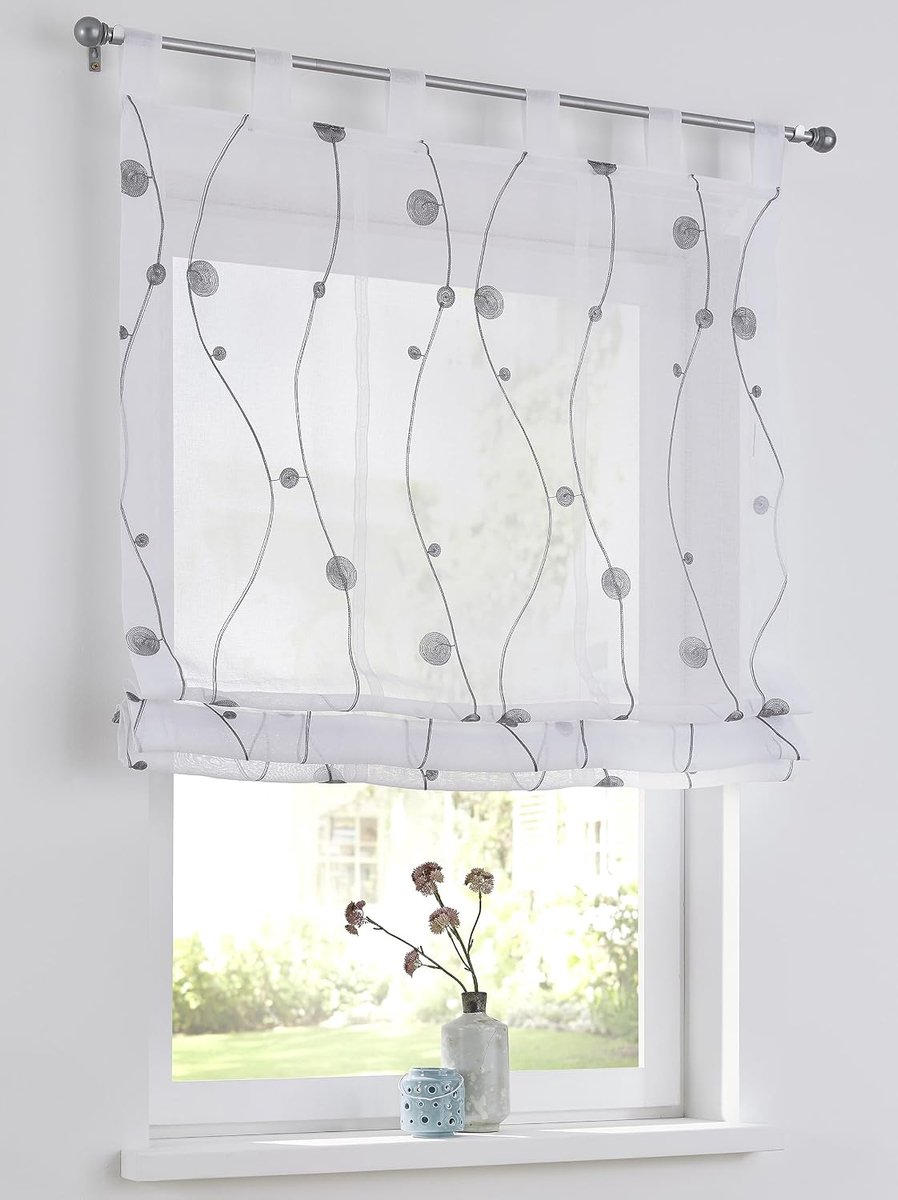 Grijs vouwgordijn met lussen, modern geborduurd vouwgordijn, semi-transparant, polyester, onderhoudsvriendelijk, b x h 120 x 140 cm