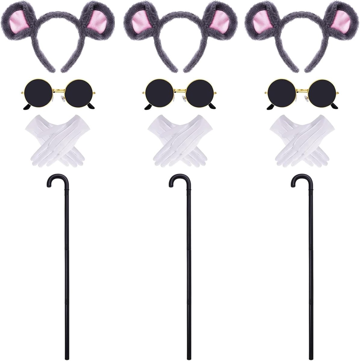 baotongle 12 stuks Halloween muis kostuum accessoireset, muis hoofdbanden ronde zonnebril vouwen blinde cane witte handschoenen voor carnaval party