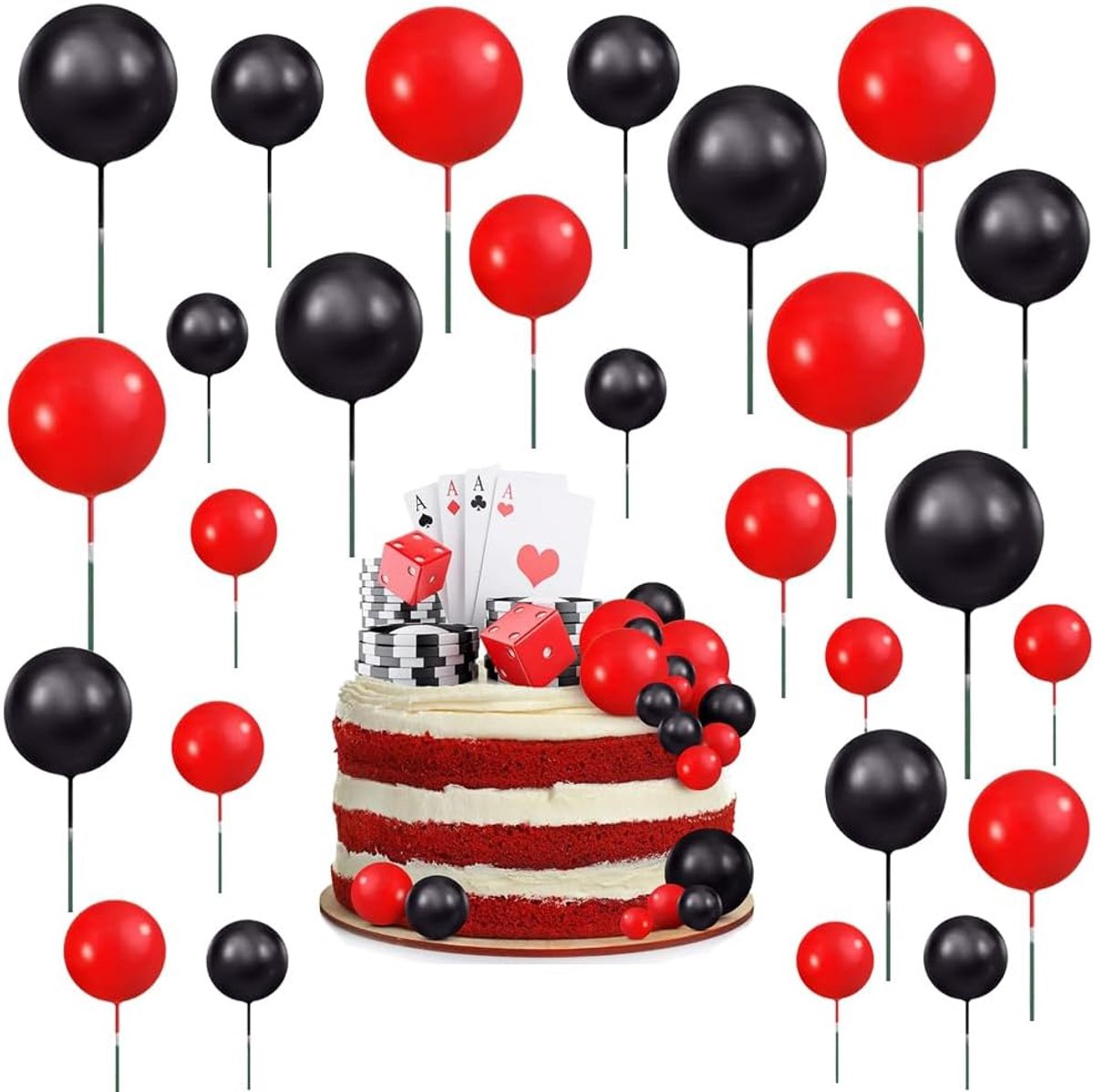 108 stuks, rood en zwart, taartdecoratie, schuimballen, doe-het-zelf taarttopper, topper voor verjaardag, bruiloft, huwelijksverjaardag, babyshower, decoratie