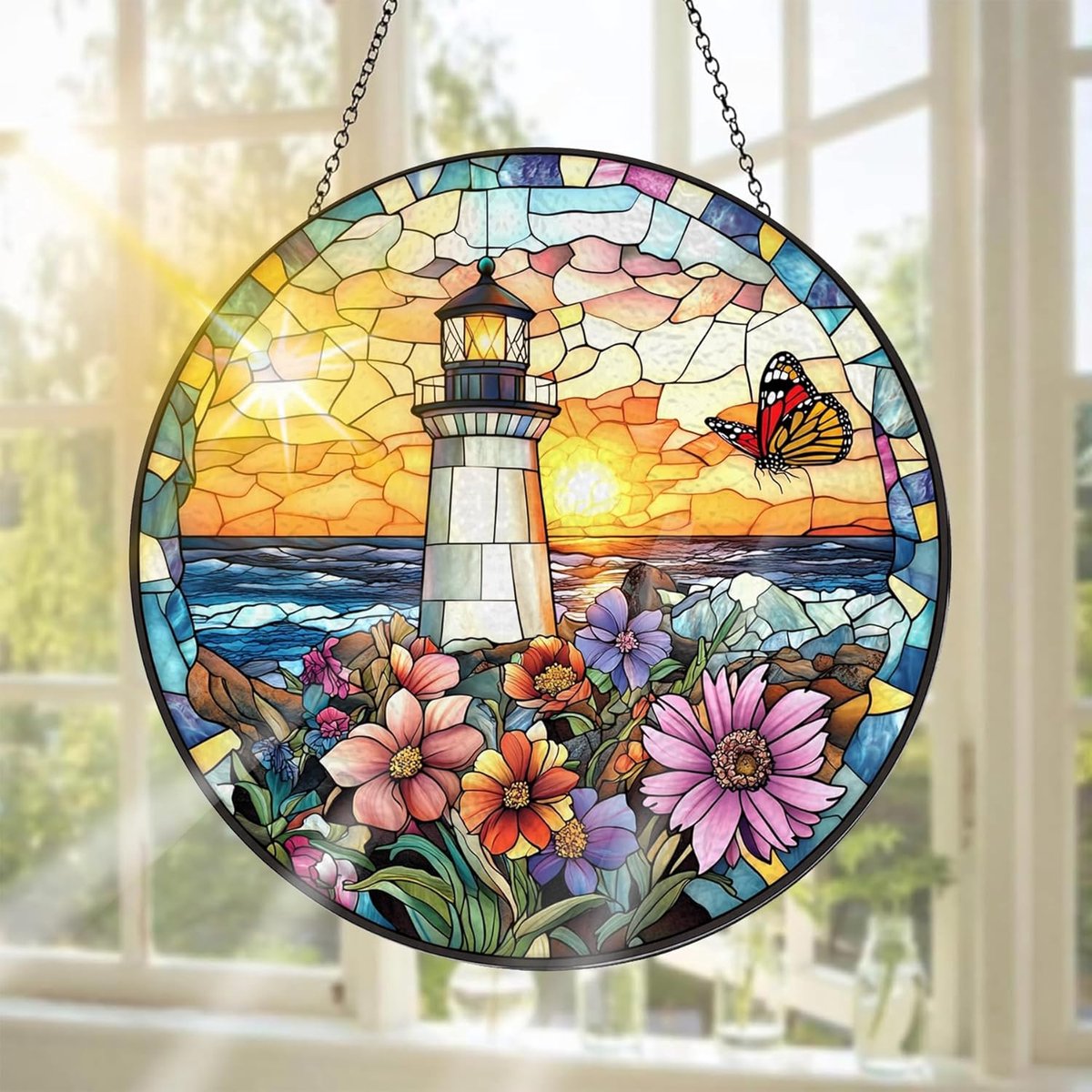 Glas-in-Lood Raamdecoratie, Ideaal Om Het Raam Mee Te Versieren Bloemen - Handgemaakte Raamdecoratie Voor Tuin, Raam, Binnen En Buiten, Kerstfeest, 20 X 20 cm