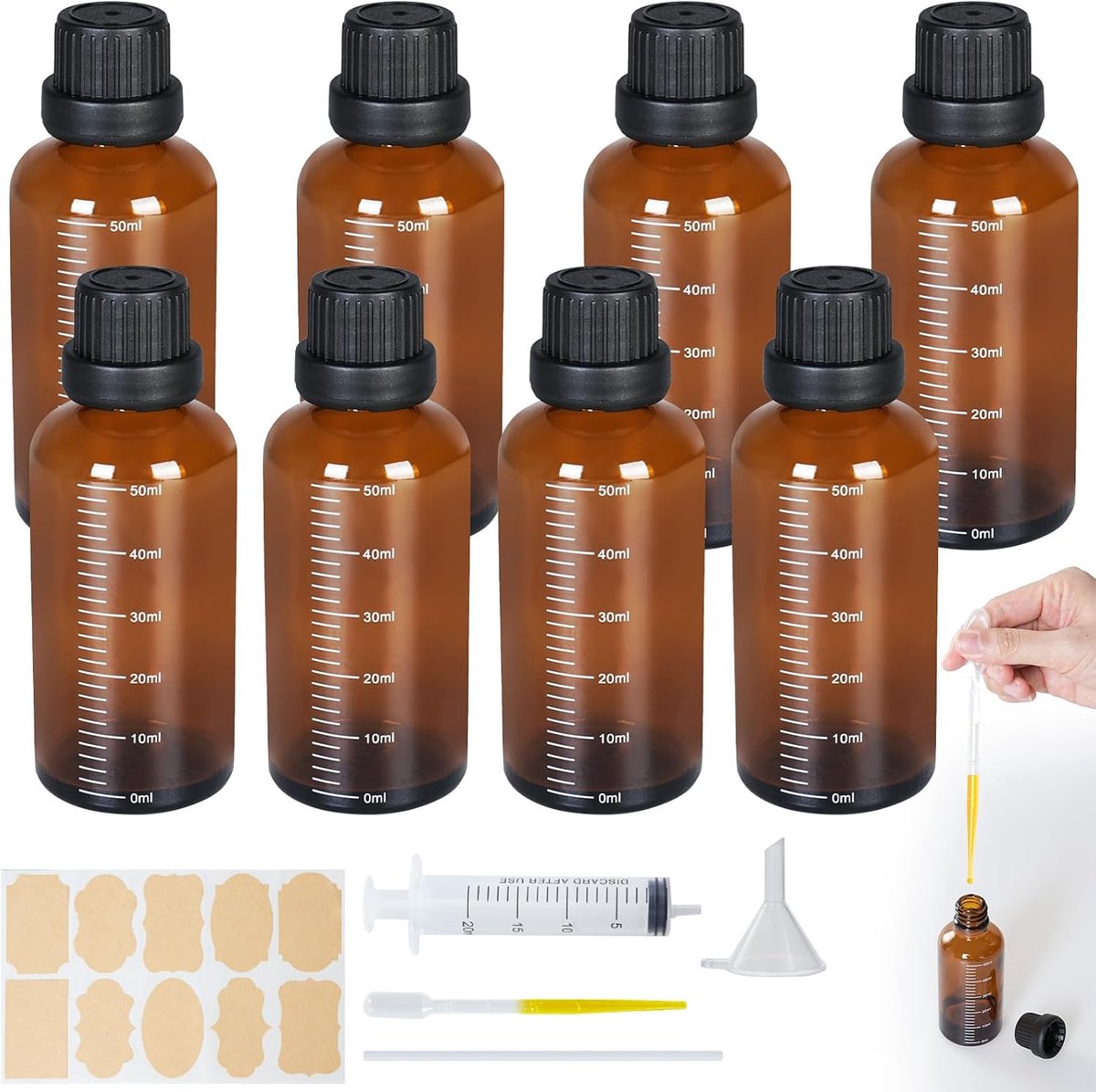 fles voor etherische oliën, 8 stuks, 50 ml amberkleurige glazen pipet- en spuitfles, herbruikbaar