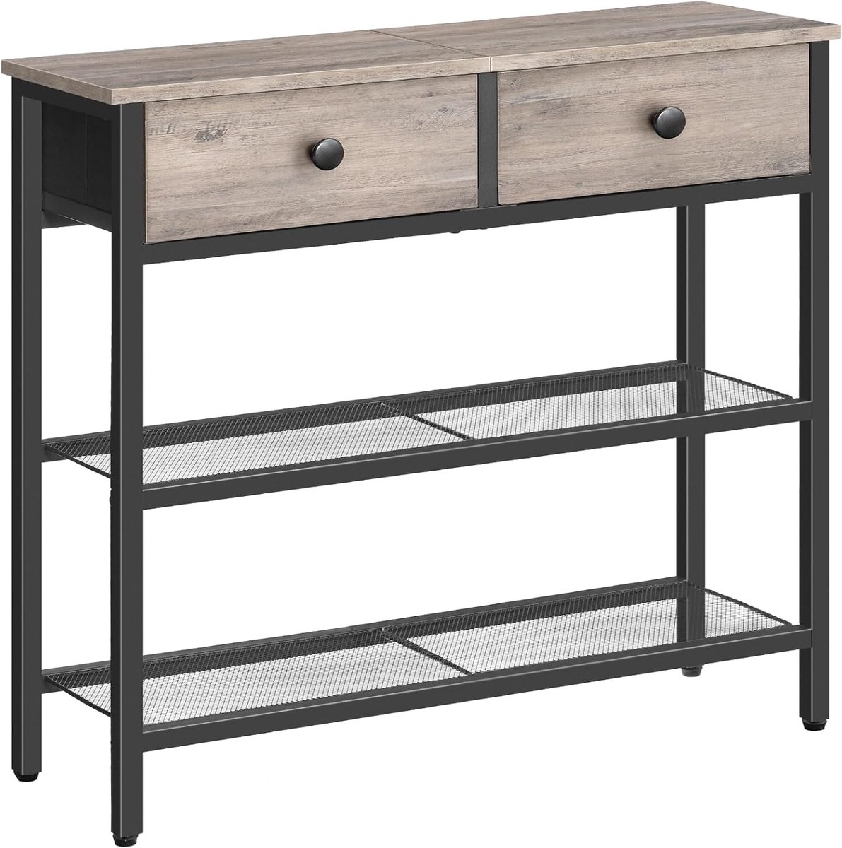 Smalle consoletafel, 75 cm gangtafel met lade en 2-traps opbergvakken, bijzettafel, kleine displaytafel, sofatafel, ingang, gang, Grijs en Zwart EBG72XG01