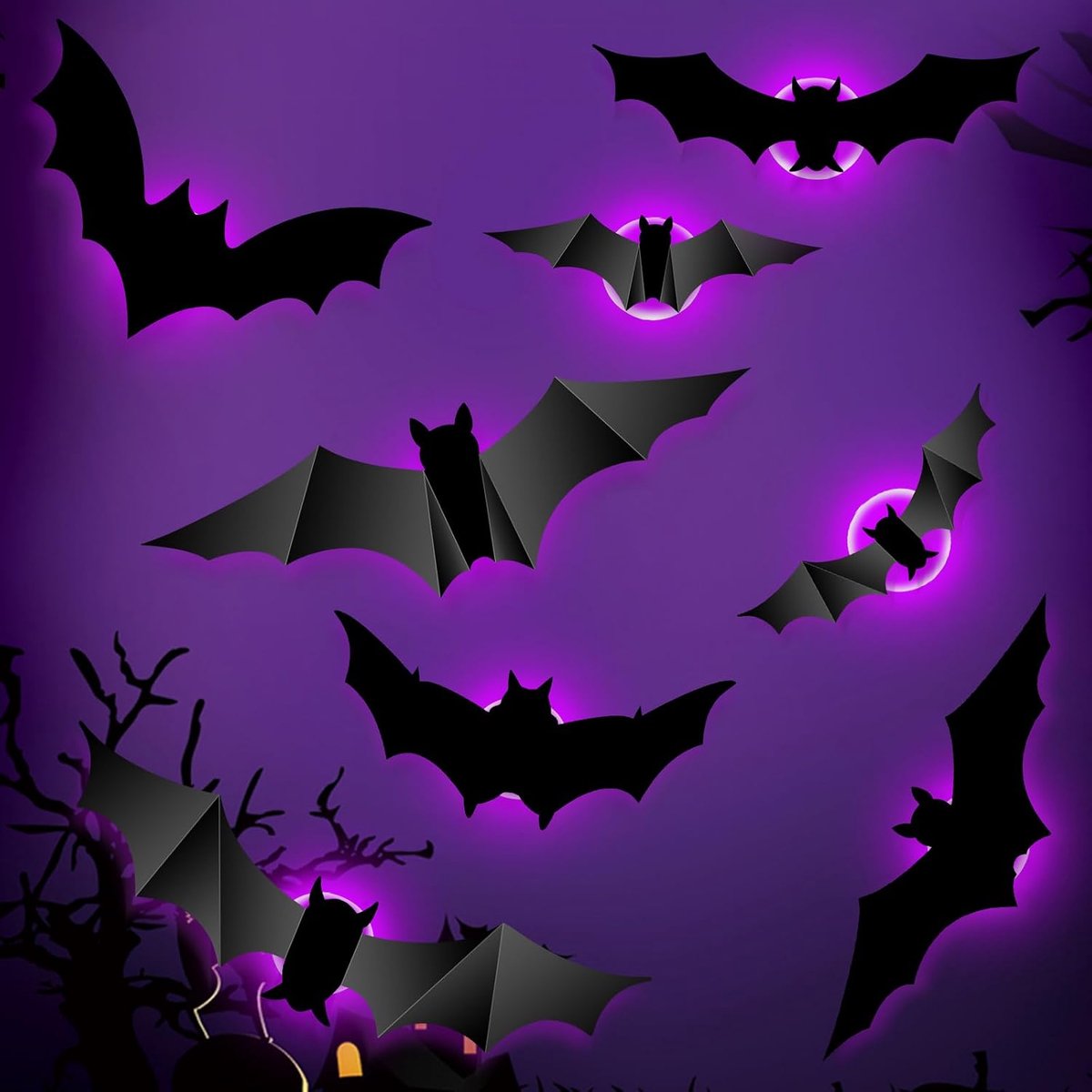 Helloween vleermuisstickers, 8 maten, 24 stuks, groot, Halloween-decoratie, vleermuizenstickers, gothic vleermuisstickers, decoraties, Helloween Bats led-verlichting, paars voor ramen, deur