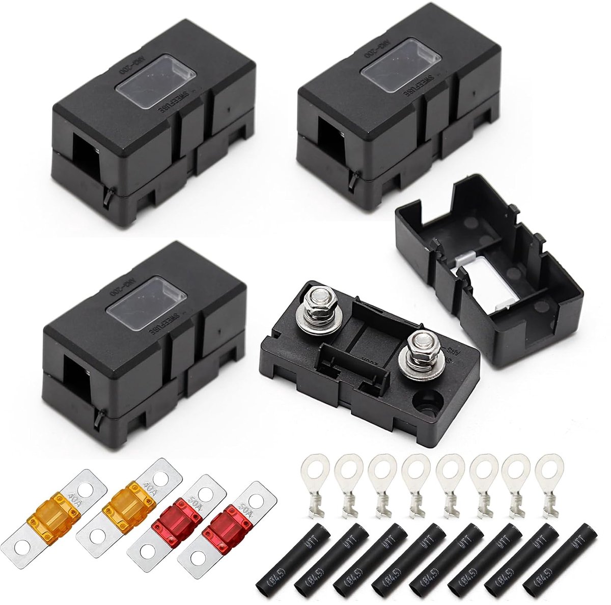 Midi-zekeringhouder, 4 stuks autozekeringhouders en 4 stuks Mega zekeringen auto zekeringhouder voor auto's, vrachtwagens, voertuigen