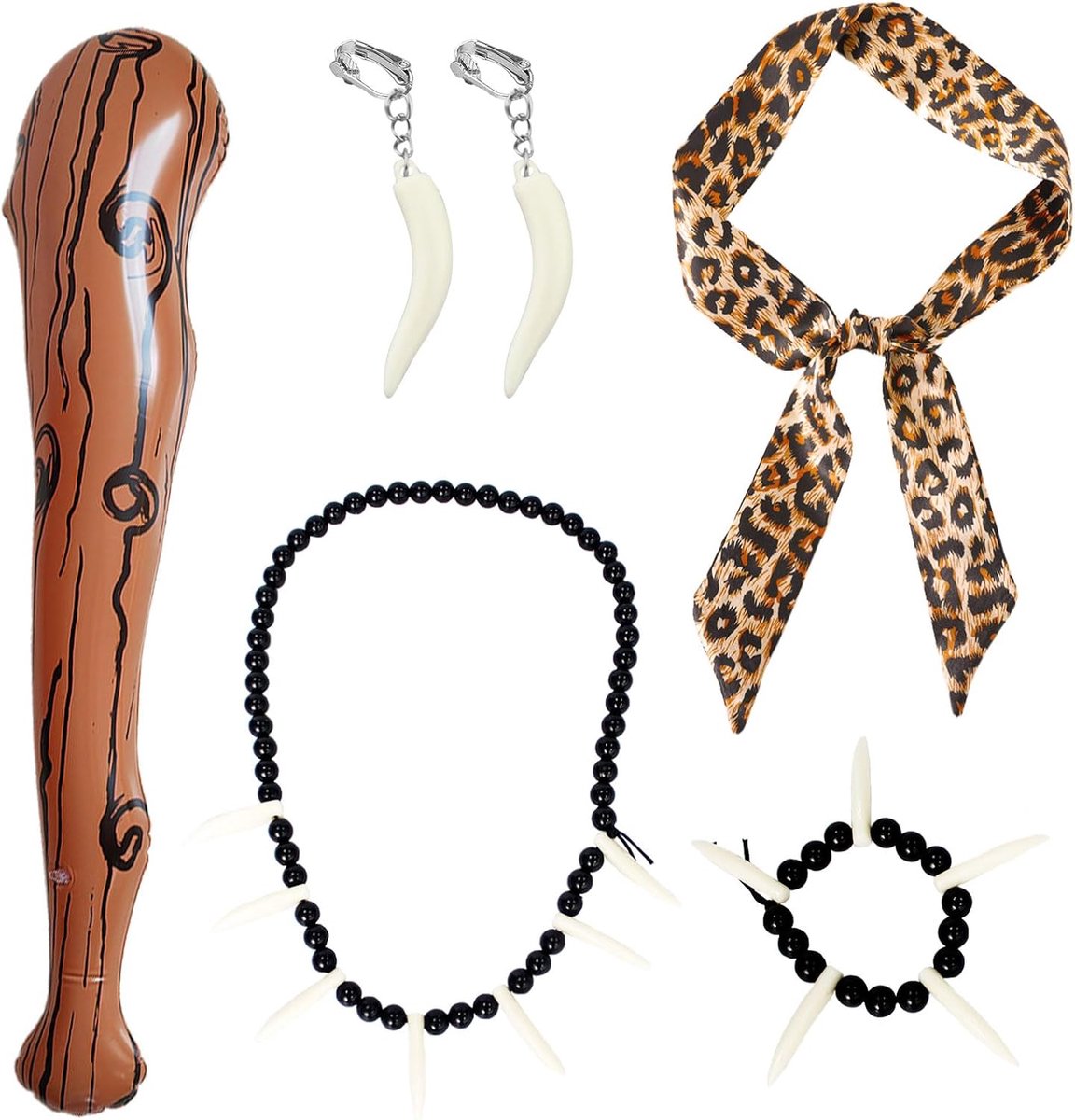 Kostuums Opblaasbare Mace Luipaard Hoofdband Ivoor Armband Ketting Oorbellen Grot Kostuum Accessoires Prop Holbewoner Stok voor Stenen Tijdperk Halloween Kostuums