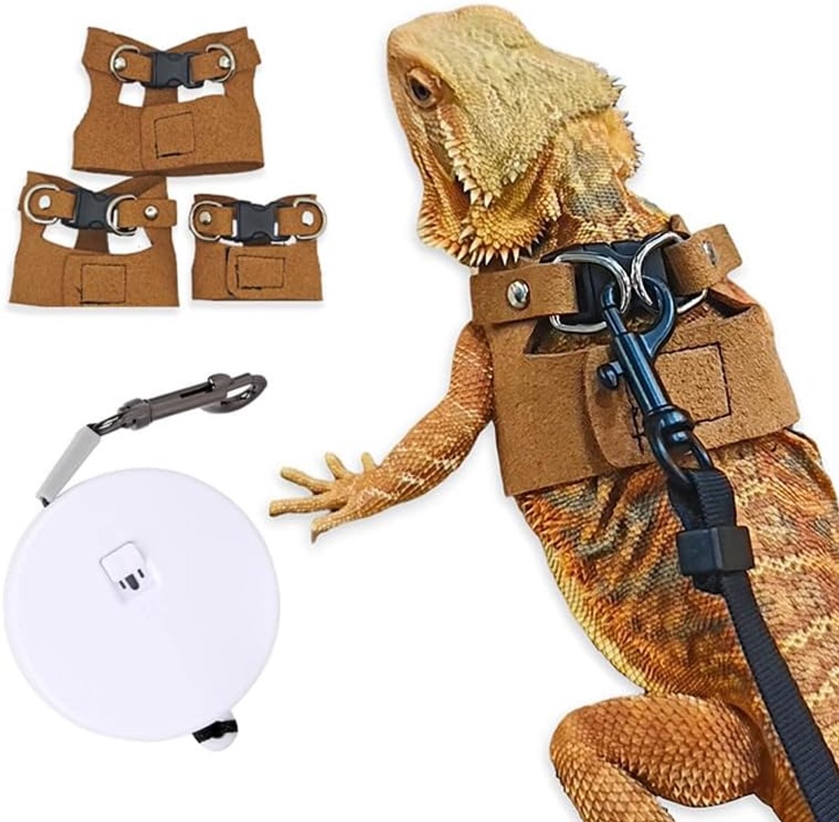 Dragon Leash - Set van 3 maten, verstelbaar, zacht leer, hagedis harnas met intrekbare riem (camel)