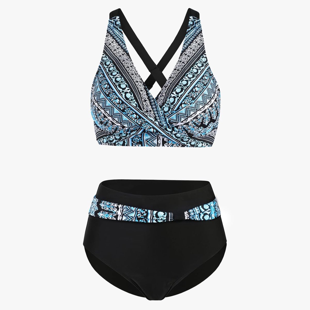 Tweedelige damesbadpakken, bikini met gekruiste top, hoog getailleerde bodem, badpakken voor buikversteviging, badmode met vintage motief