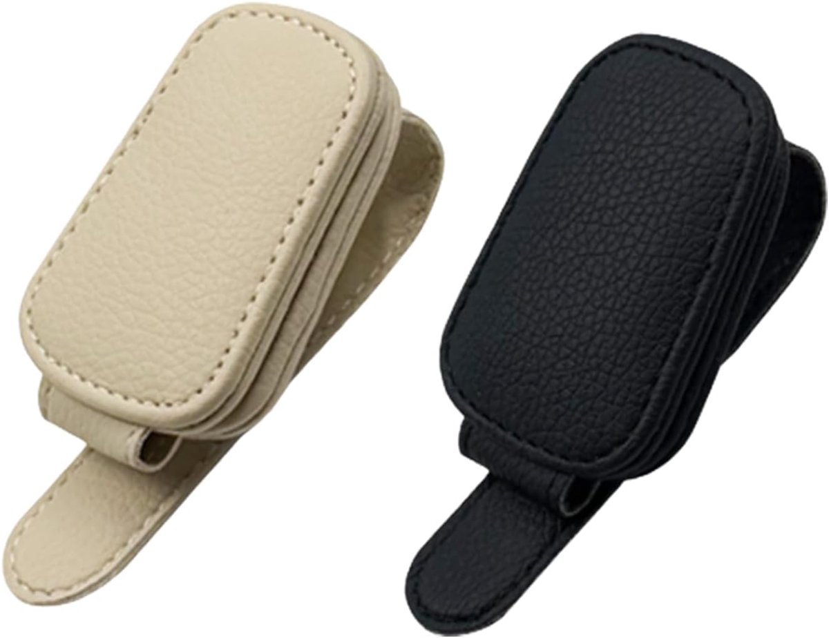 Autobrillenhouder, 2-delig, zwart en beige, clip voor zonnebril van leer voor zonneklep, opslag van brillen, kaarten, ticket, auto-accessoires, praktisch en elegant
