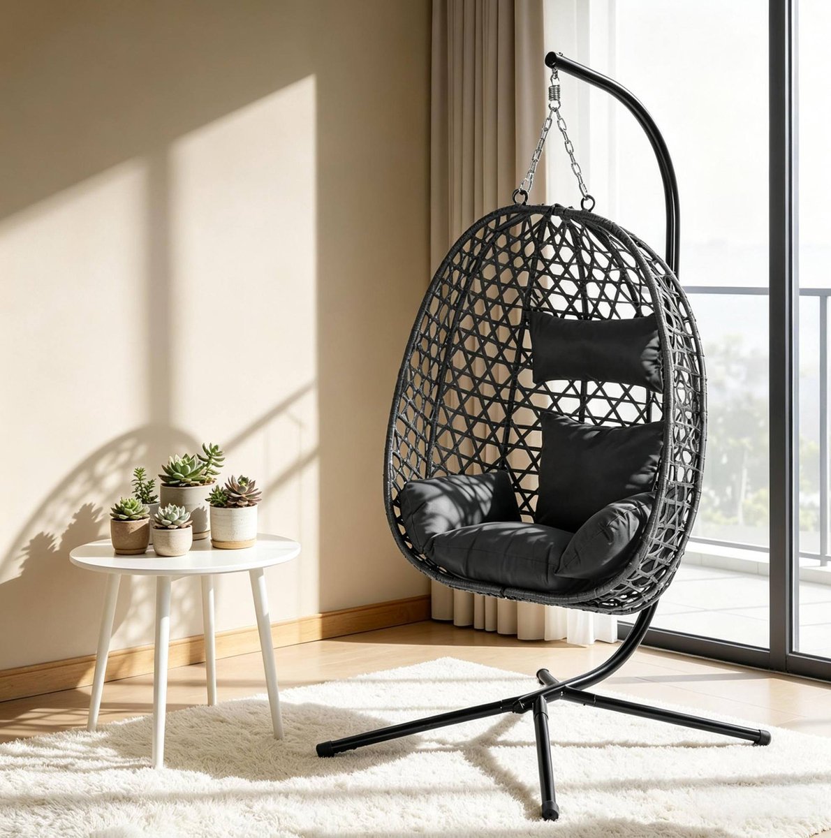 REDOM - Schommelstoel - Verstelbare zithoogte - 360° schommelstructuur - Met standaard en kussens - Moderne stijl - Binnen en buiten - Metaal en rotan - Antraciet - 105 x 105 x 195 cm