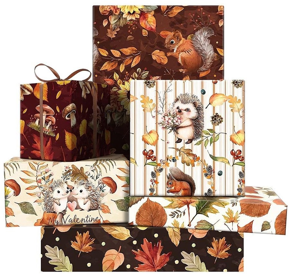 Omgoods- Inpakpapier Herfstpatroon - 50x70cm Per Vel - 6 Vellen - Cadeaupapier Verjaardag - Geschenkverpakking Thanksgiving - Eekhoorn/Pompoen Design