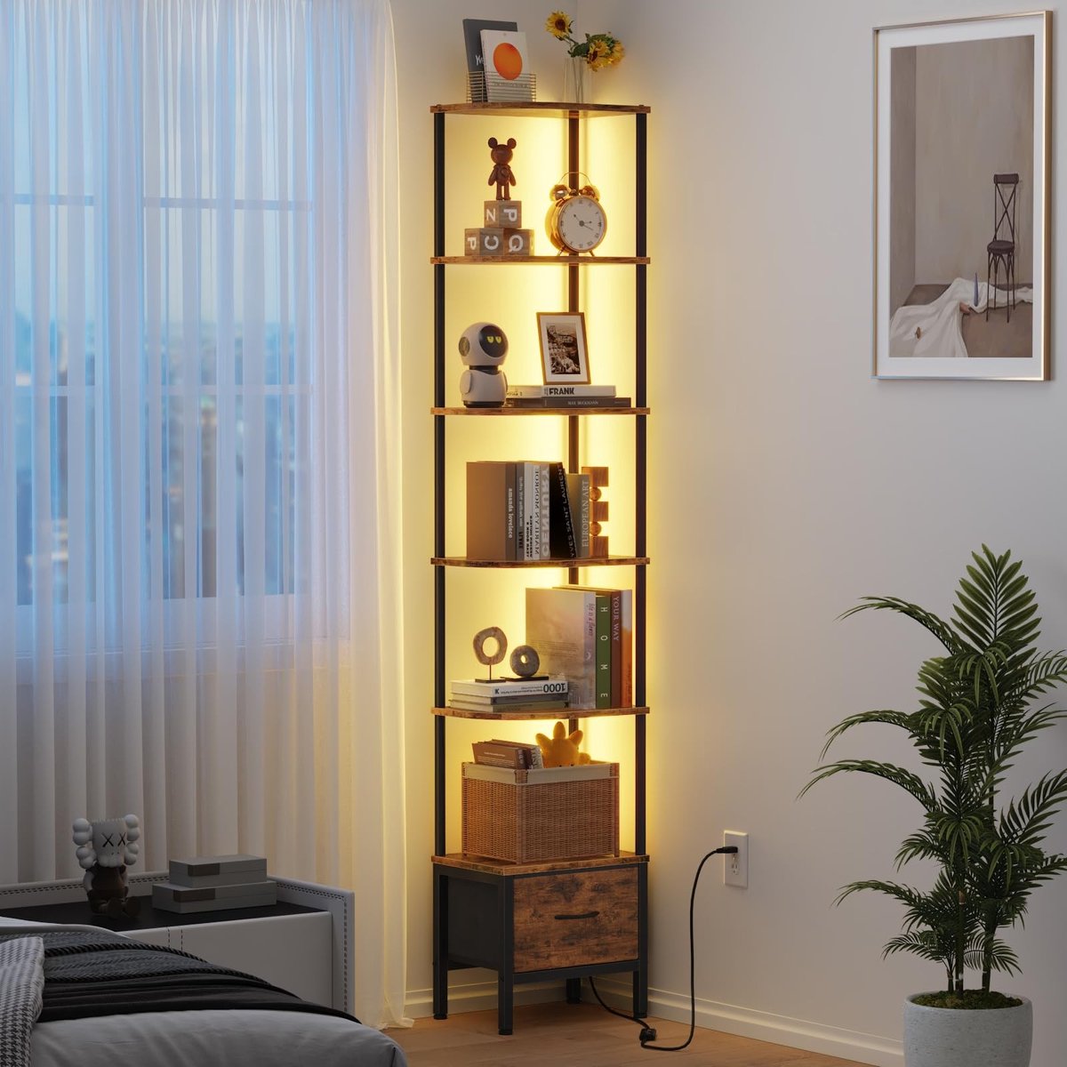 Omgoods - Hoekplank met 6 Niveaus en LED Verlichting, Bruin