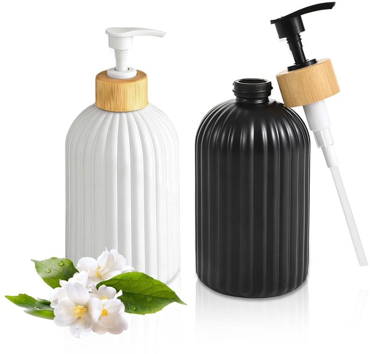 Omgoods - Set van 2 Glazen Handzeepdispensers met Bamboe Pomp