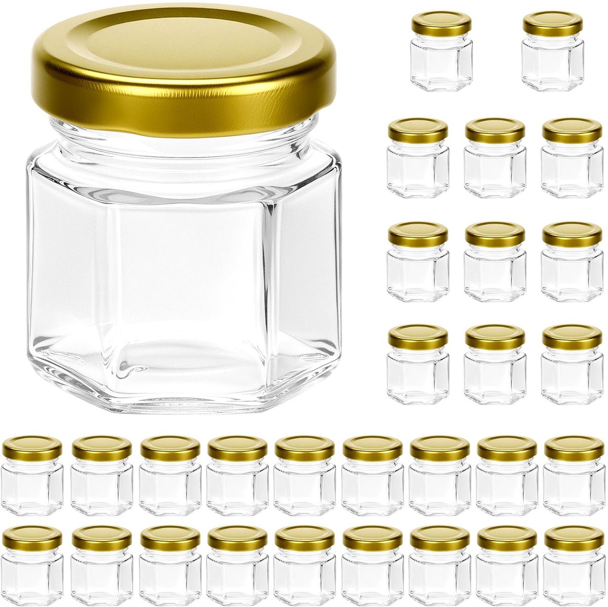 Omgoods - Set van 30 Mini Hexagon Glazen Honingpotjes 45 ml met Gouden Deksels