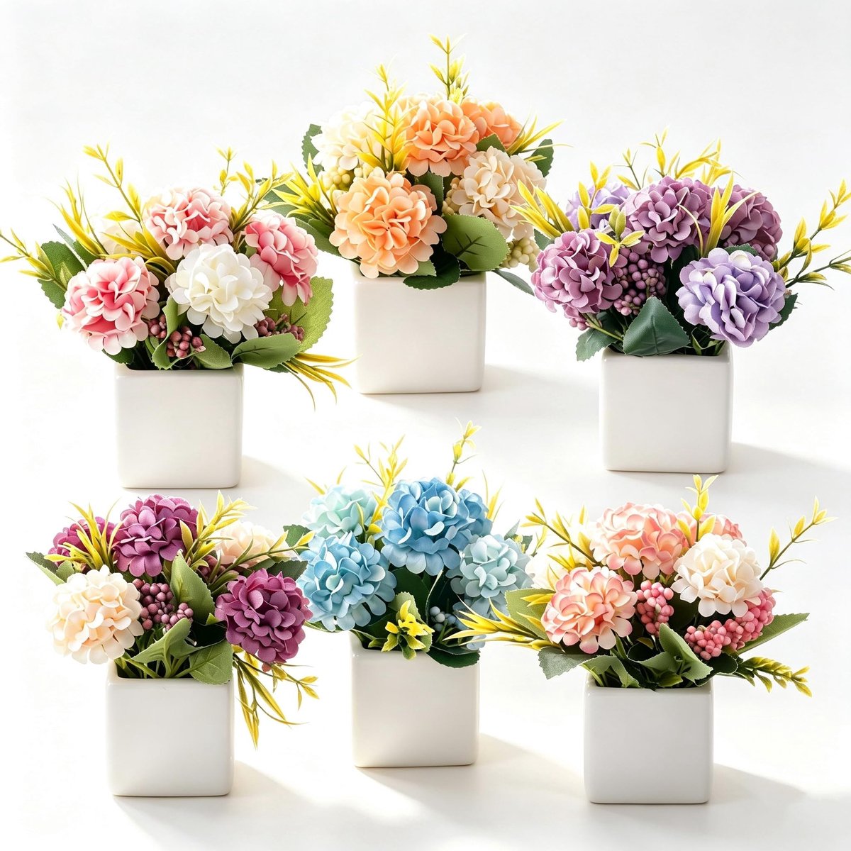 Omgoods - Set van 6 Kunstmatige Hortensia Bloemen in Keramieken Pot