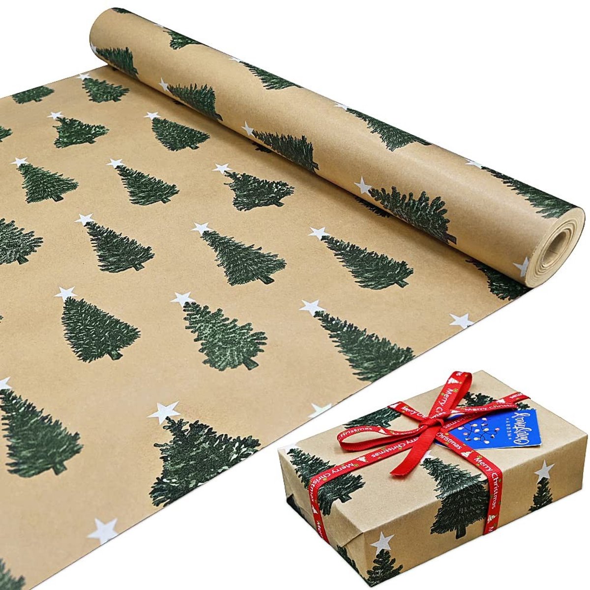Omgoods - 100% Recyclebaar Kerst Inpakpapier met Groene Boom Motief
