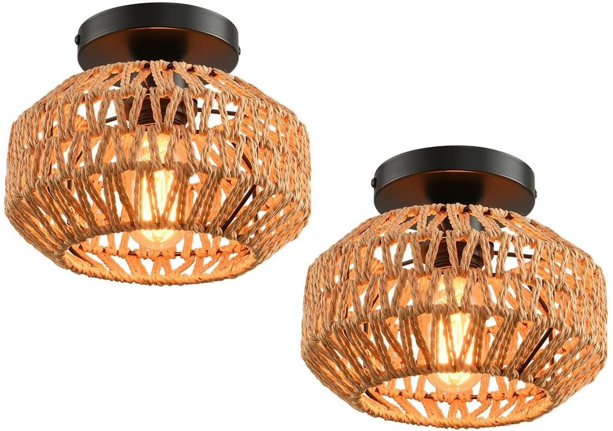 Omgoods - Vintage Industrieel Plafondlamp met Metalen Kooi en Rieten Lampenkap
