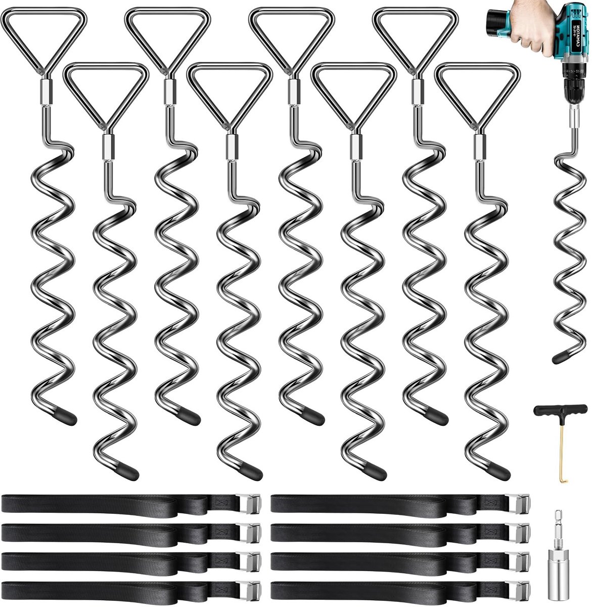 Omgoods - Set van 8 Grondankers voor Trampoline met 2.5 m Lange Straps