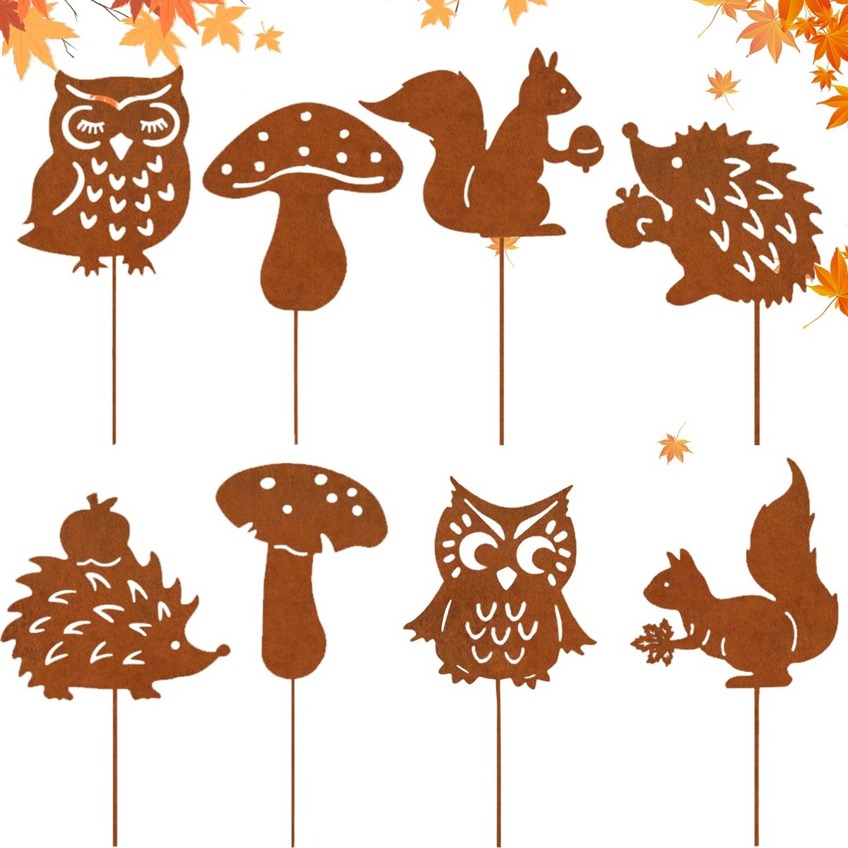 Omgoods - Set van 8 Tuinstaken Herfst Decoratie met Egel, Uil, Paddenstoel en Eekhoorn