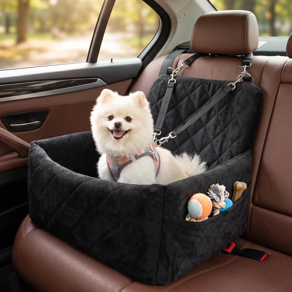 Omgoods- Hondenautobed met geheugenschuim - Puppybooster - Veiligheidsgordels - Antislip basis - Afneembaar/washable - 45 x 45 x 34 cm - Hondenstoeltje