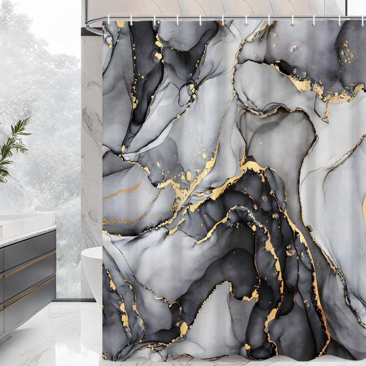 Omgoods - Douchegordijn 180 x 200 cm - Grijs Ombre Marmerlook, Waterdicht en Machinewasbaar