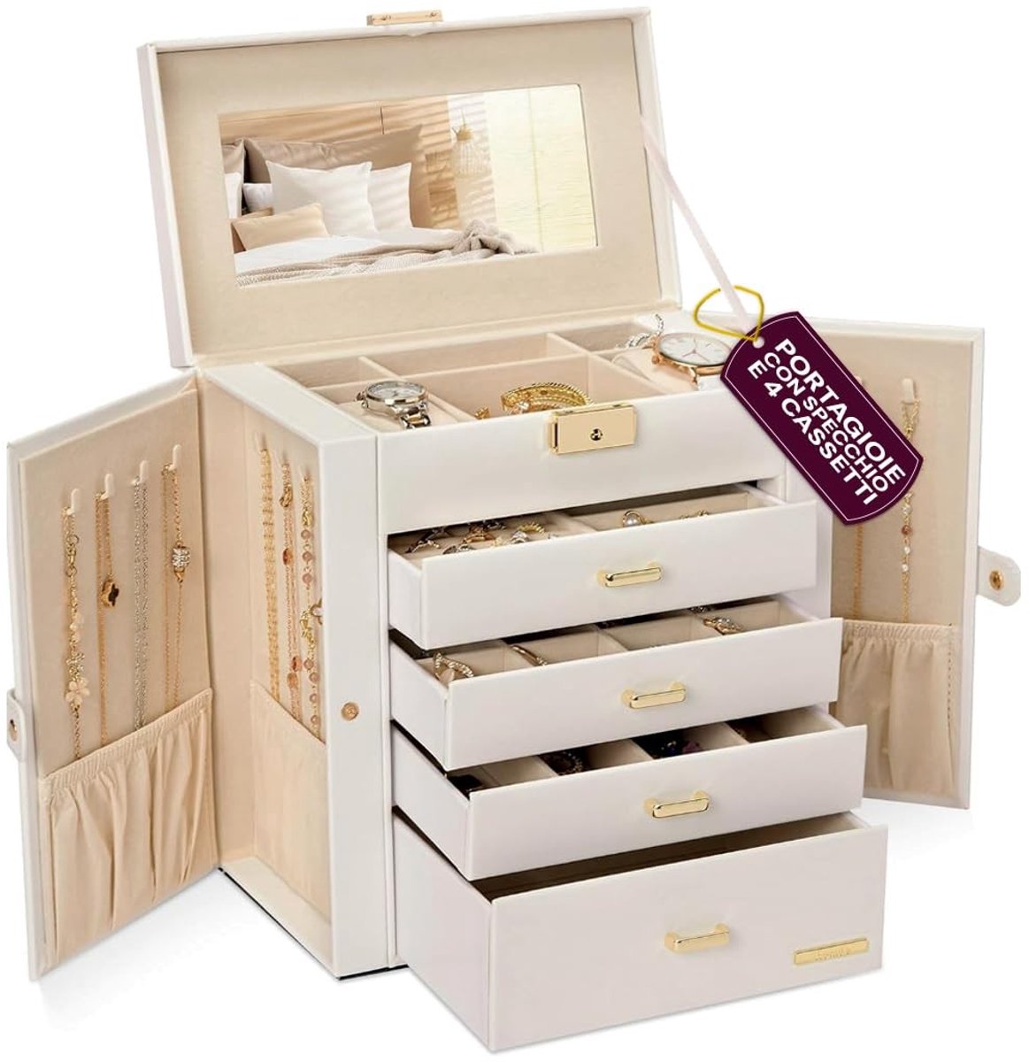 Omgoods - Sieraden Doos met Spiegel en 4 Lades voor Vrouwen in Modern Design