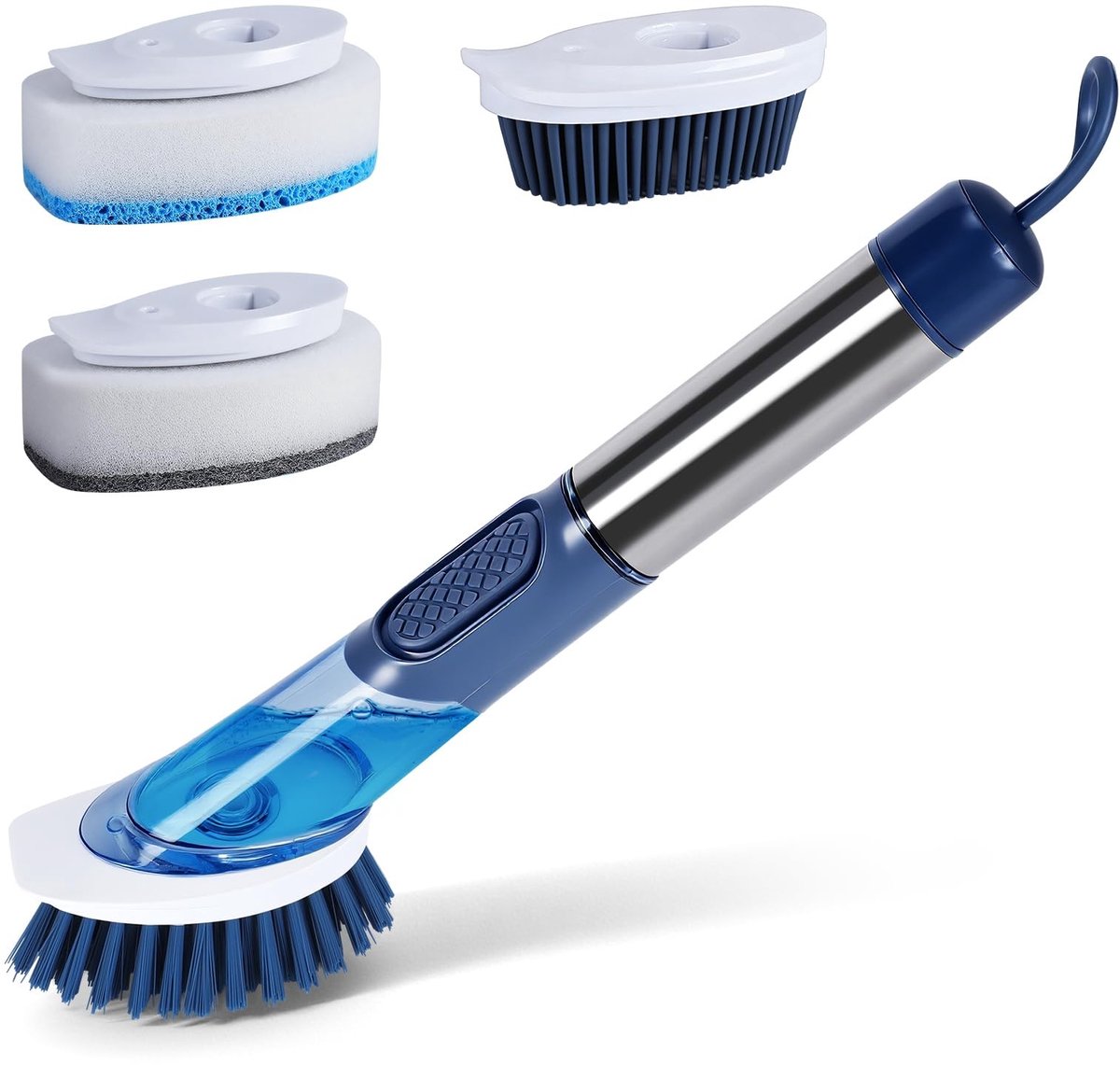 Omgoods - Afwasborstel met Dispenser en 4 Vervangbare Koppen, Blauw