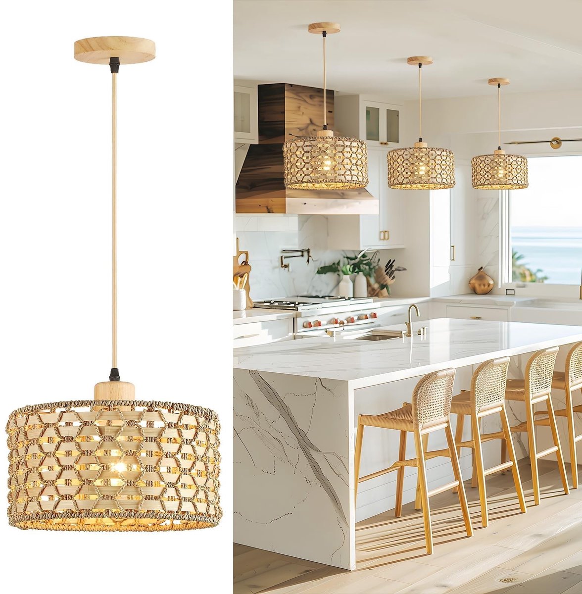 Omgoods- Lampenkap Rotan 30 cm - Hanglamp Boho - Eettafellamp - Slaapkamerlamp - Duurzaam Materiaal - Verstelbare Snoerlengte 120 cm