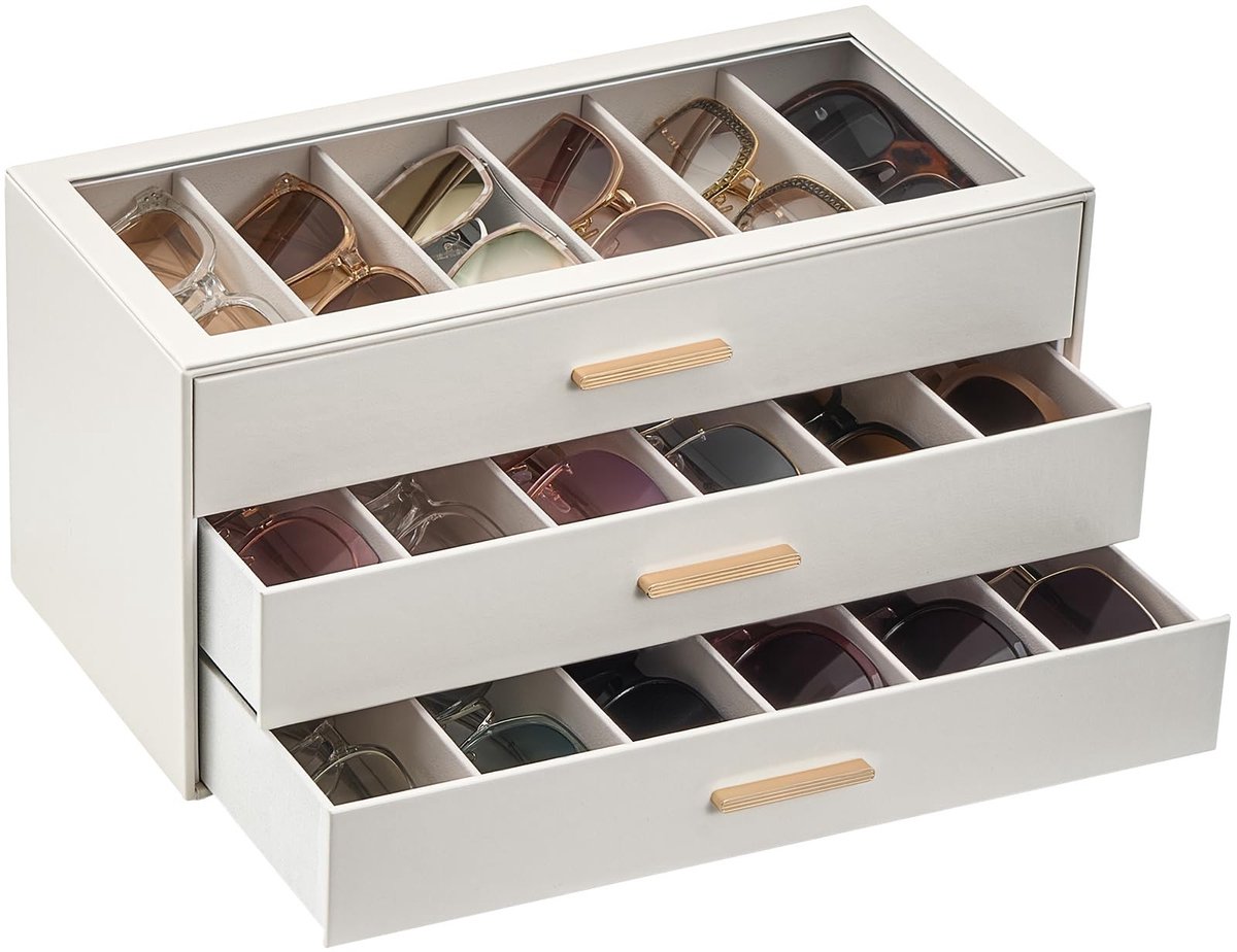Omgoods - Zonnebrillen Opbergdoos met 18 Slots, Beige en 2-laags