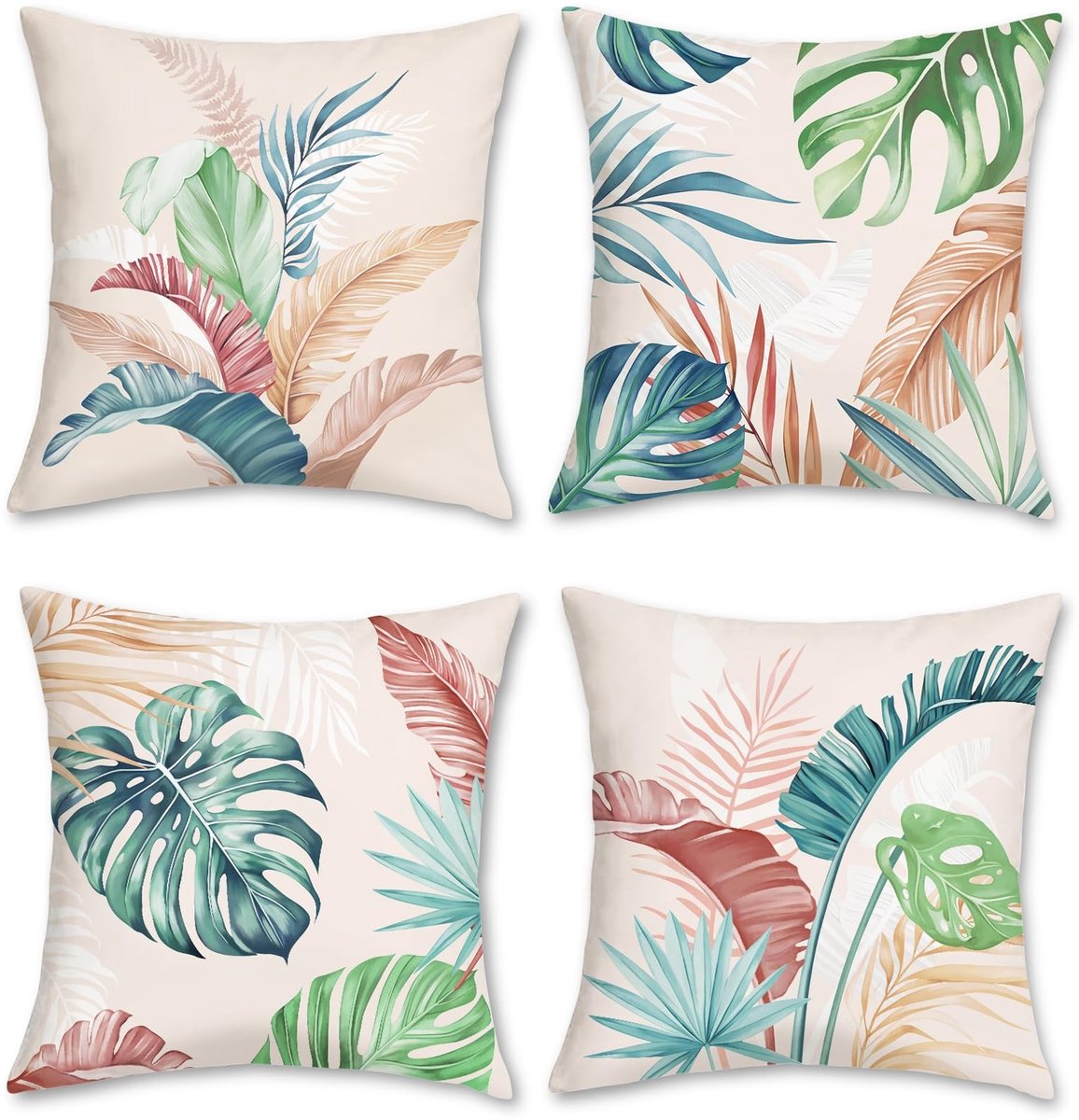 Omgoods - Set van 4 Kussenhoezen Tropische Bladeren 45 x 45 cm