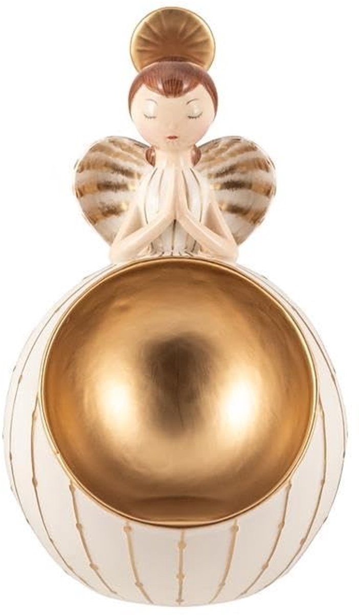 Omgoods - Kandelaar Engel Goud en Beige van Handgeschilderd Kunststof, 12 cm
