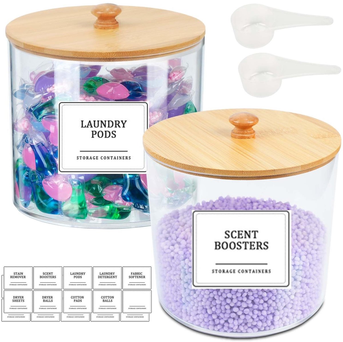 Omgoods- Wasmiddelcontainer 3 Liter - Vloeistofopslag met Kraan - Bamboedeksel - Opbergdoos voor Waspoeder - Inclusief Maatbeker en Etiketten - Wasmiddelhouder