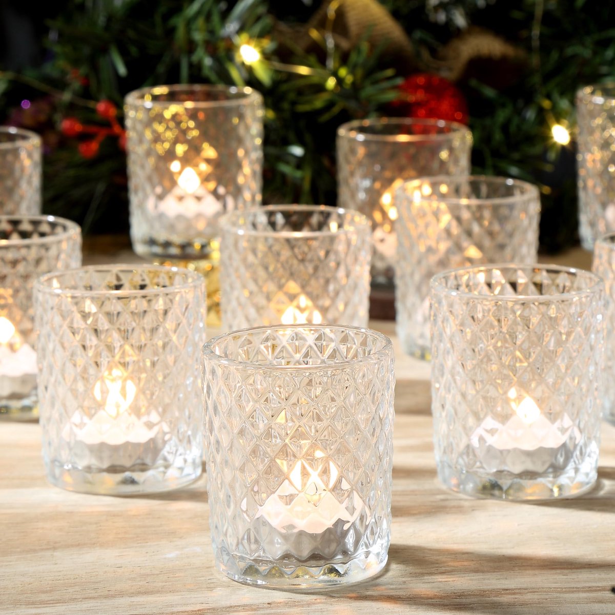 Omgoods- Theelichtbekers 12-delig - Transparante Kaarshouders - Glazen Votives - Reliëf Stipjespatroon - Romantische Vintage - Bohemian Stijl Decor - Kaarsenhouders