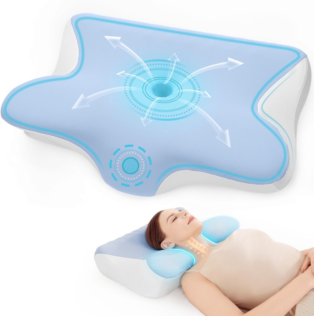 Omgoods - Ergonomisch Traagschuim Hoofdkussen met Koelend Effect - Wit & Blauw