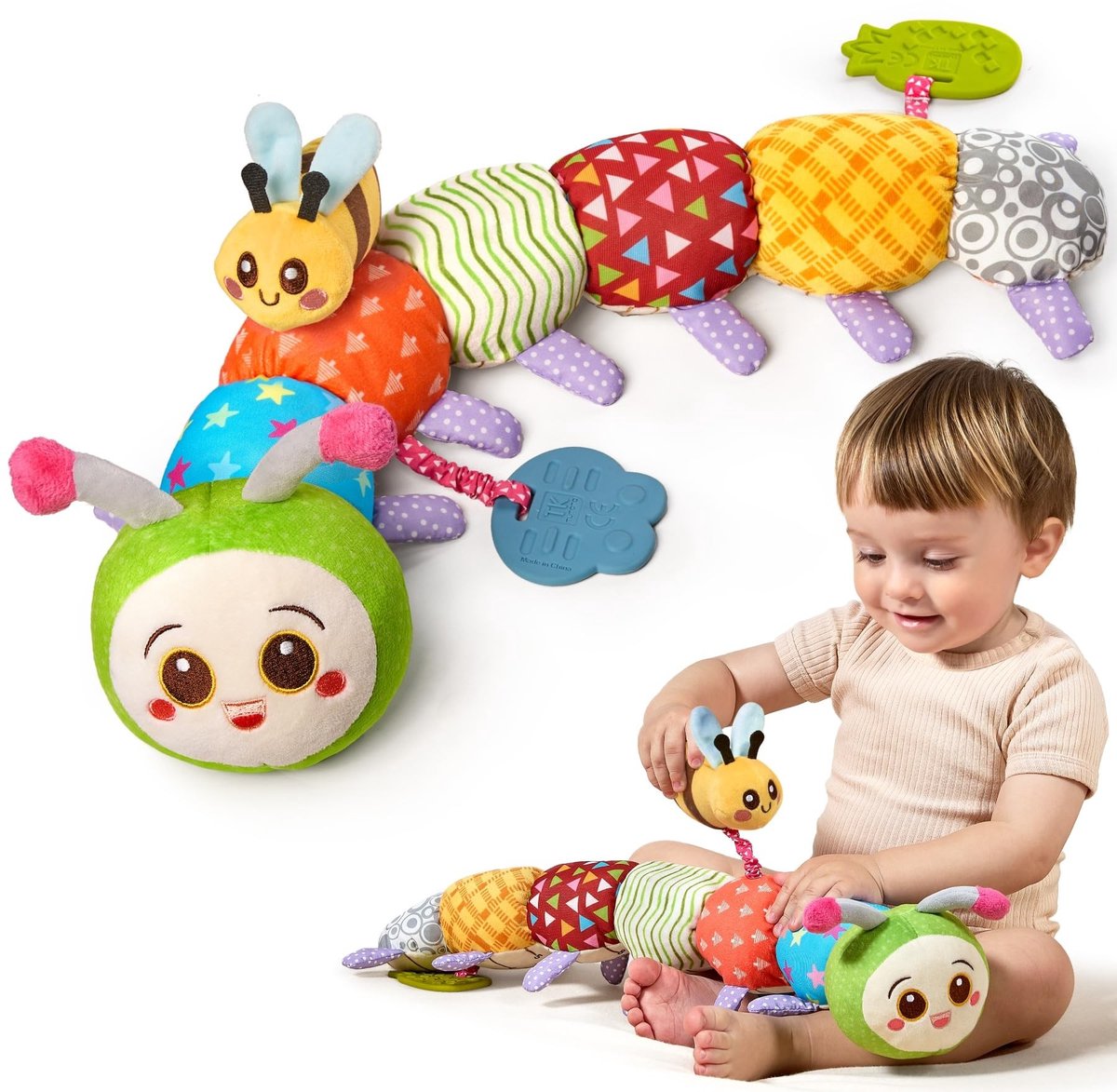 Omgoods- Baby Speelgoed Multi-Sensorische Stimulatie - Rups Pluche - Knisperpapier - Rammelaar - Bijtring - Zacht en Flexibel Ontwerp