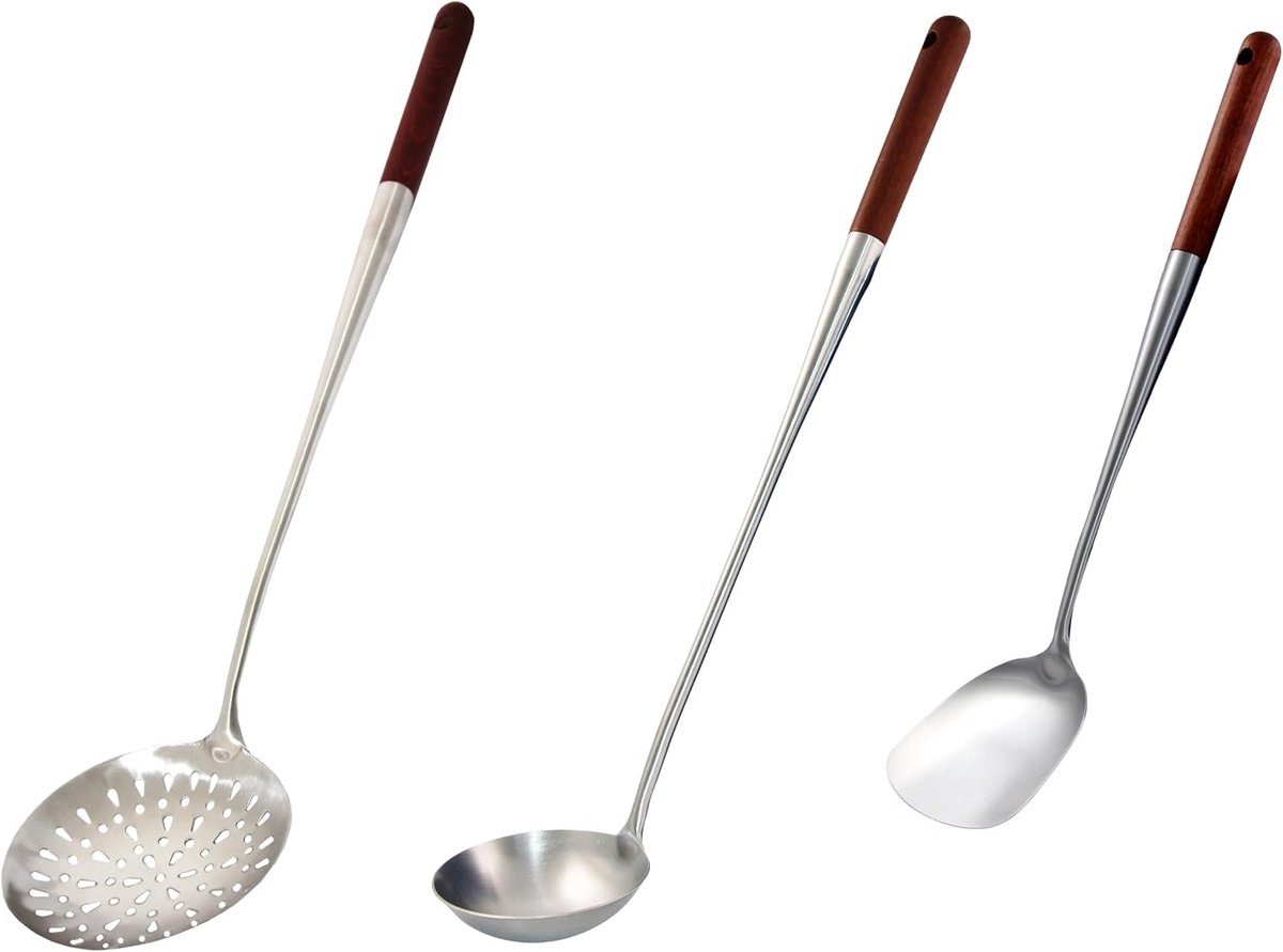SnelShoppen - 3-delige Luxe Set voor Koken - Kaza Skimmer + Soeplepel 50cm + Houten Spatel 43cm - ideaal voor Keuken, Feest en Camping
