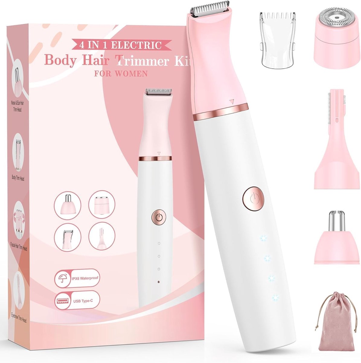 Trimmer Women & Facial Hair Removal：4-in-1 Painless Electric Razors for Pubic Hair|Face|Eyebrow|Nose/Ear – Portable Cordless Shaver with Fast Charging, Self Care Gifts for Women