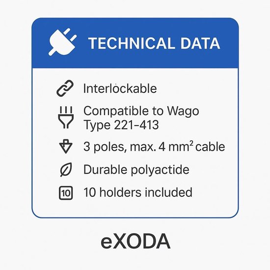 eXODA 10x Houder Wago Type 221-413 3-polige stekkerhouders Set voor veelzijdige elektrische verbindingen hoge flexibiliteit in installatie van draden tot 4mm² — afbeelding 5