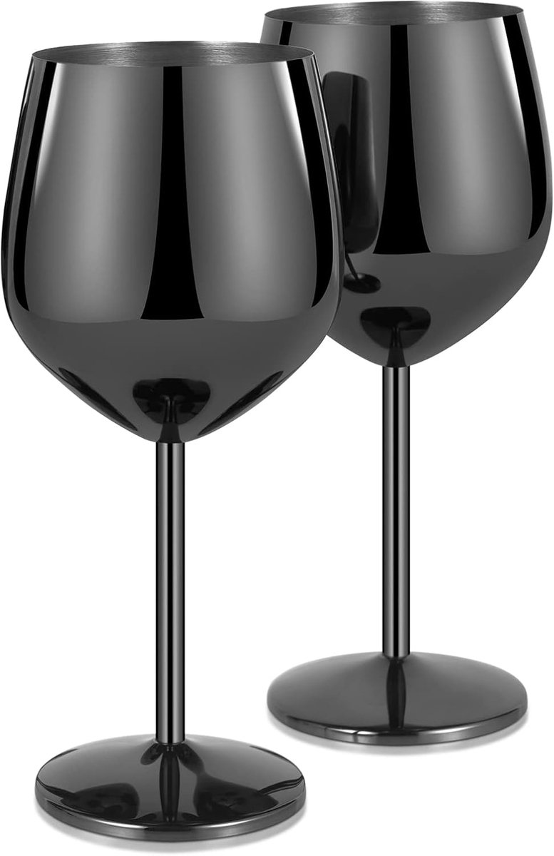Cocktailglas van roestvrij staal, rodewijnglas met handvat, onbreekbaar wijnglas, 550 ml champagneglas, set voor feesten, picknick, camping, zwart (2-pack)
